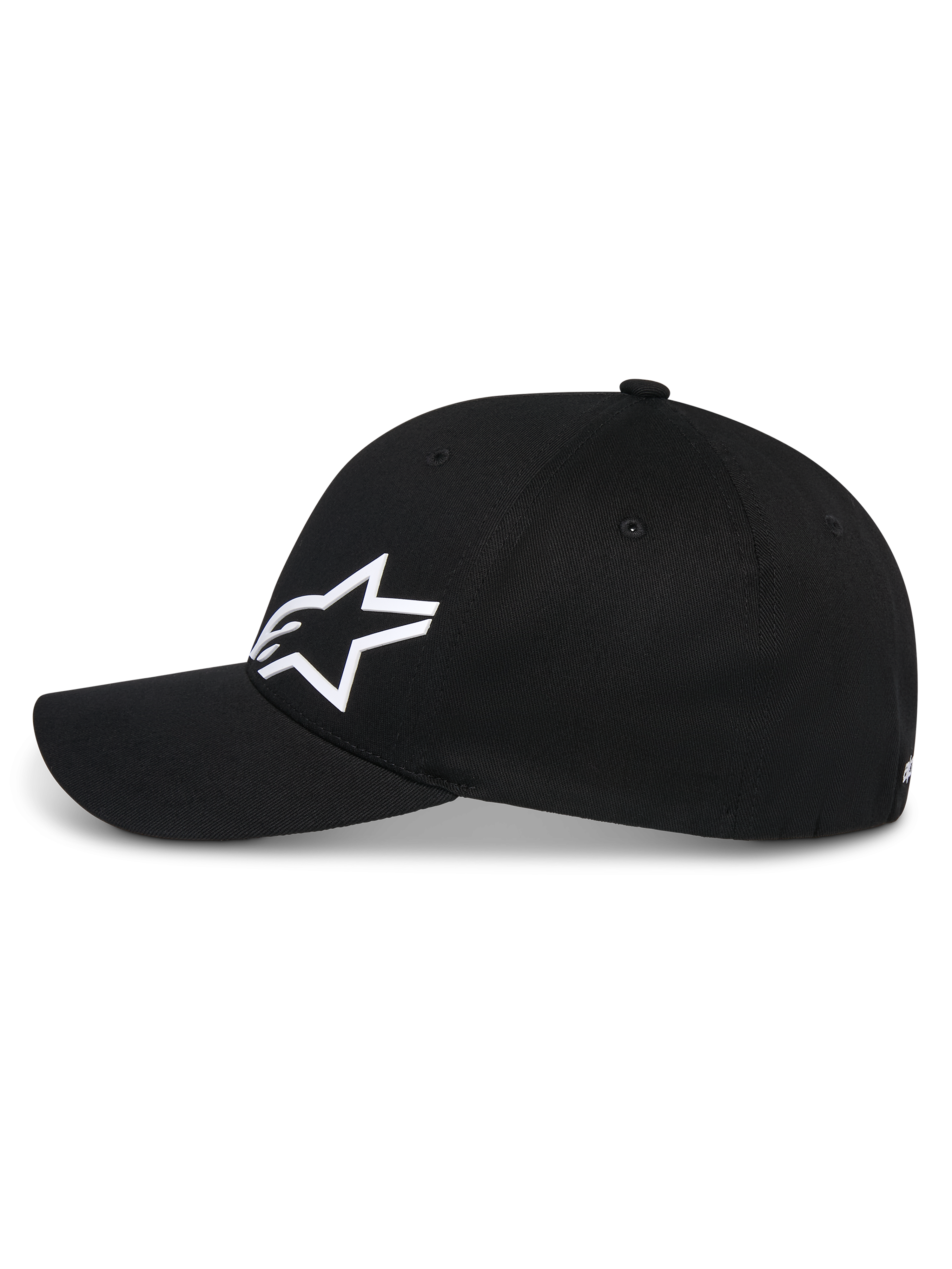 Alpinestars Corp Shift Multi Hat, Black Baseball Cap, side profile view, white 3D Astars logo on the front, curved bill, structured crown, casual motorsport-inspired streetwear