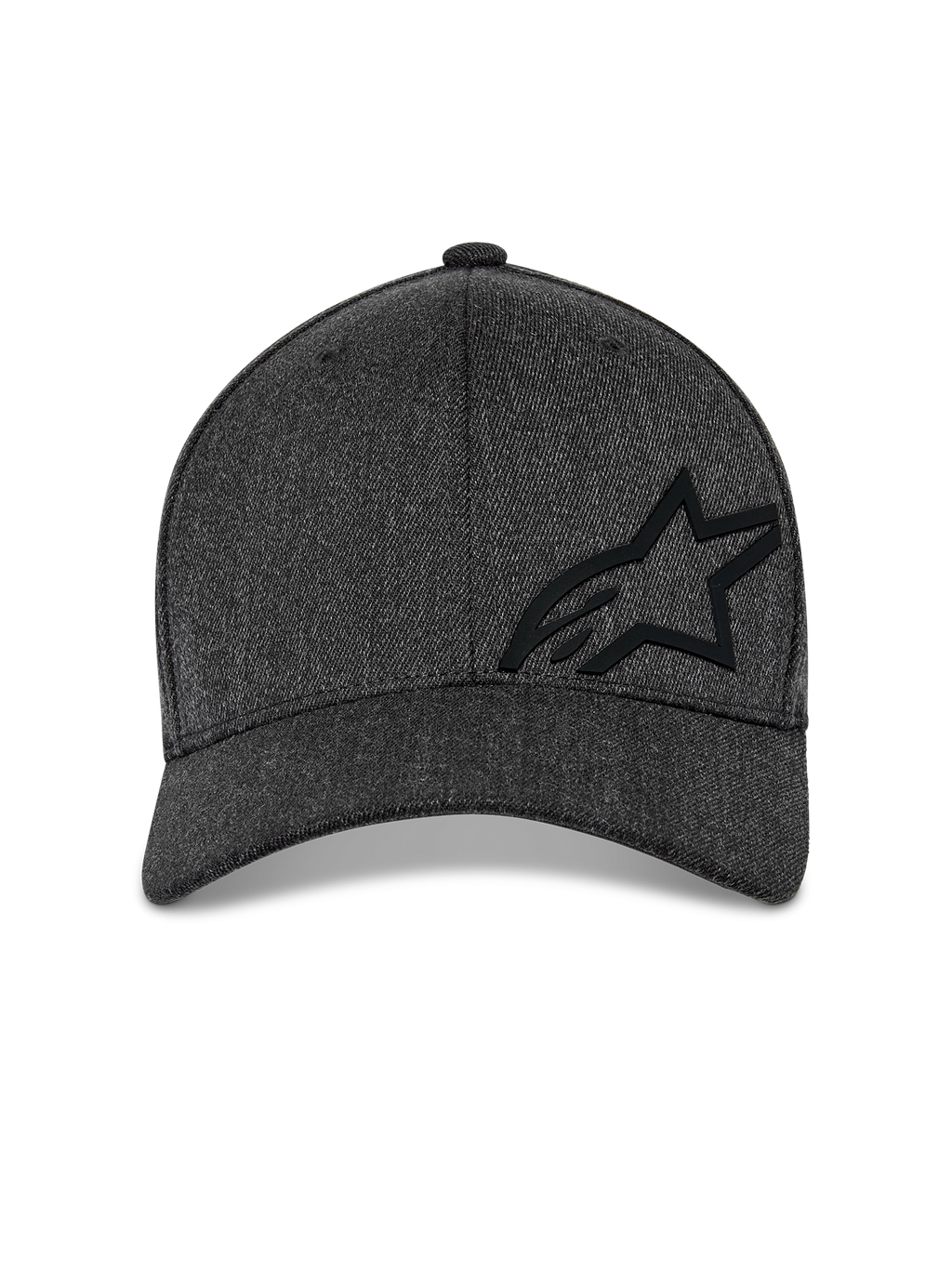 Alpinestars Corp Shift Multi Mütze, Baseball-Cap, Dunkelgrau Meliert, Vorderansicht mit einer strukturierten Krone, einem schwarzen 3D-Astars-Logo und gebogenem Schirm, lässige Motorsport-Streetwear