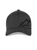 Alpinestars Corp Shift Multi Mütze, Baseball-Cap, Dunkelgrau Meliert, Vorderansicht mit einer strukturierten Krone, einem schwarzen 3D-Astars-Logo und gebogenem Schirm, lässige Motorsport-Streetwear