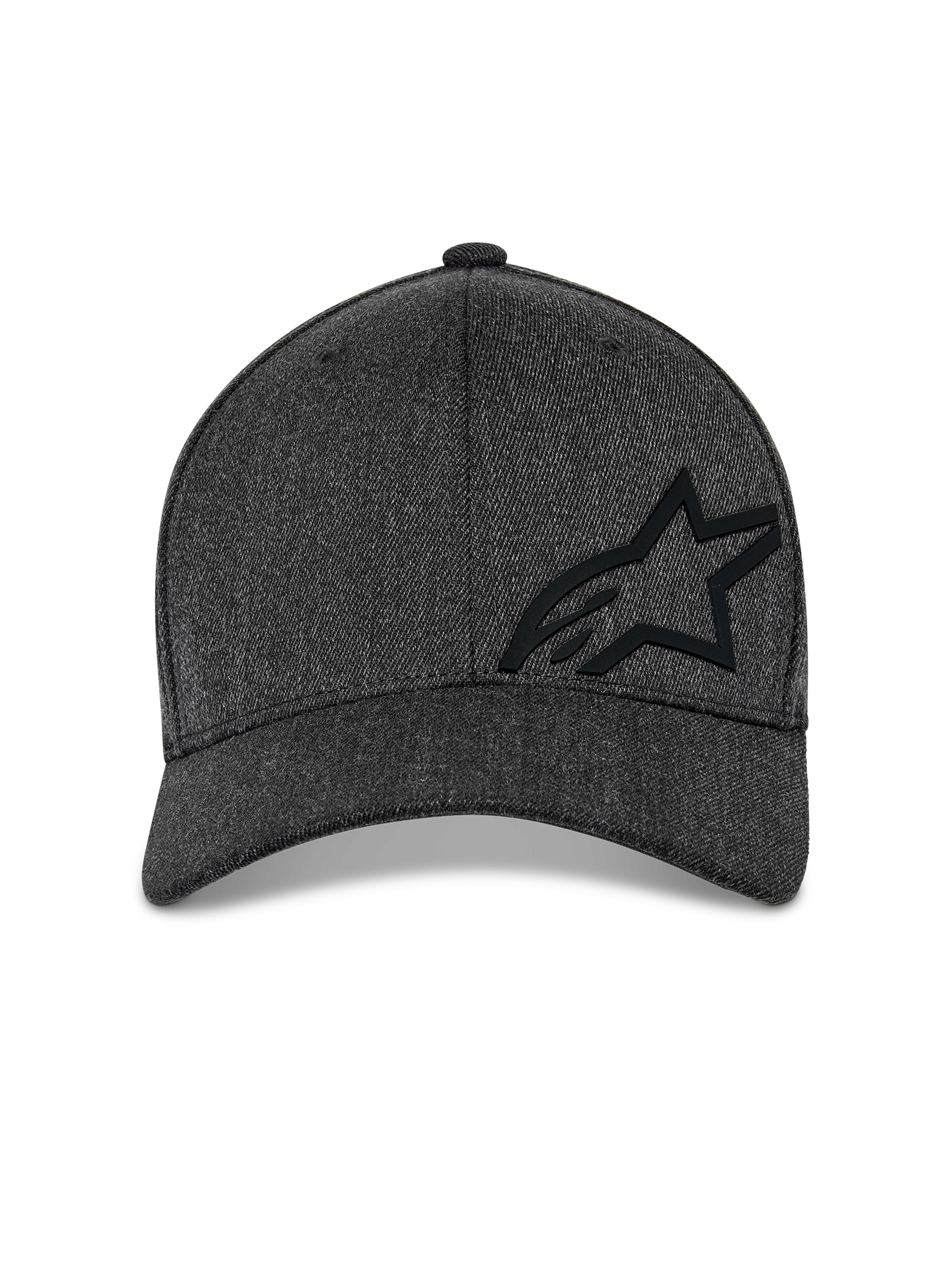 Alpinestars Corp Shift Multi Mütze, Baseball-Cap, Dunkelgrau Meliert, Vorderansicht mit einer strukturierten Krone, einem schwarzen 3D-Astars-Logo und gebogenem Schirm, lässige Motorsport-Streetwear