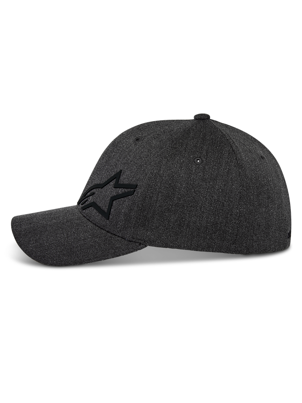 Alpinestars Corp Shift Multi Mütze, Baseball-Cap, Dunkelgrau meliert, Seitenansicht mit schwarzem 3D-Astars-Sternlogo, gebogener Schirm, strukturierte Krone, Stretch-Twill-Gewebe, lässige, vom Motorsport inspirierte Kopfbedeckung