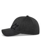 Alpinestars Corp Shift Multi Mütze, Baseball-Cap, Dunkelgrau meliert, Seitenansicht mit schwarzem 3D-Astars-Sternlogo, gebogener Schirm, strukturierte Krone, Stretch-Twill-Gewebe, lässige, vom Motorsport inspirierte Kopfbedeckung
