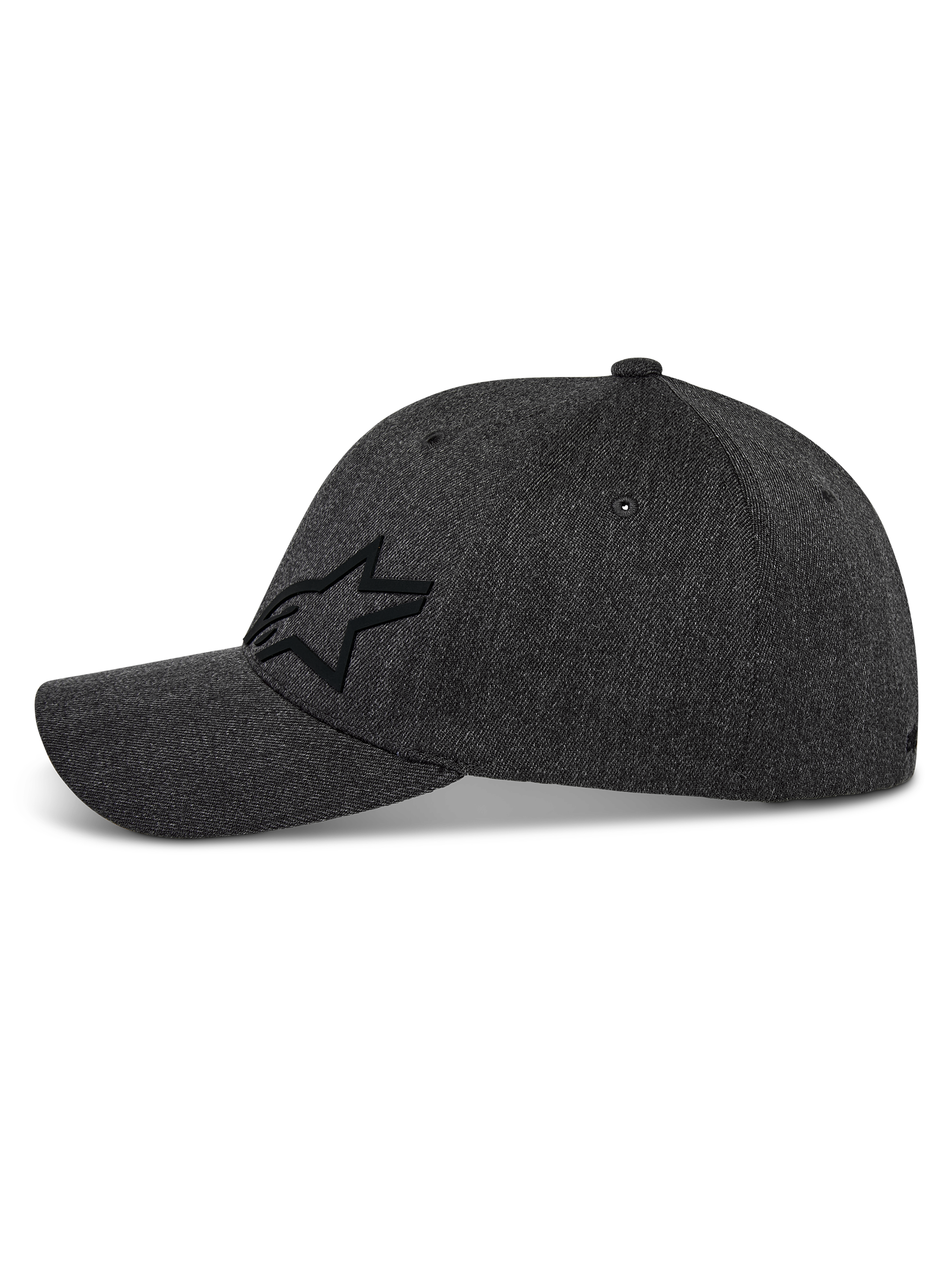 Alpinestars Corp Shift Multi Mütze, Baseball-Cap, Dunkelgrau meliert, Seitenansicht mit schwarzem 3D-Astars-Sternlogo, gebogener Schirm, strukturierte Krone, Stretch-Twill-Gewebe, lässige, vom Motorsport inspirierte Kopfbedeckung