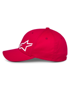 Alpinestars Corp Shift Multi Mütze, rote Baseballkappe, Seitenansicht mit weißem 3D-Astars-Logo, gebogenem Schirm und strukturierter Krone, lässige Motorsport-Kopfbedeckung