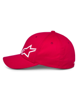 Alpinestars Corp Shift Multi Hat, Red baseball-style cap, side profile view showing white 3D Astars logo, curved bill and structured crown, casual motorsport headwear