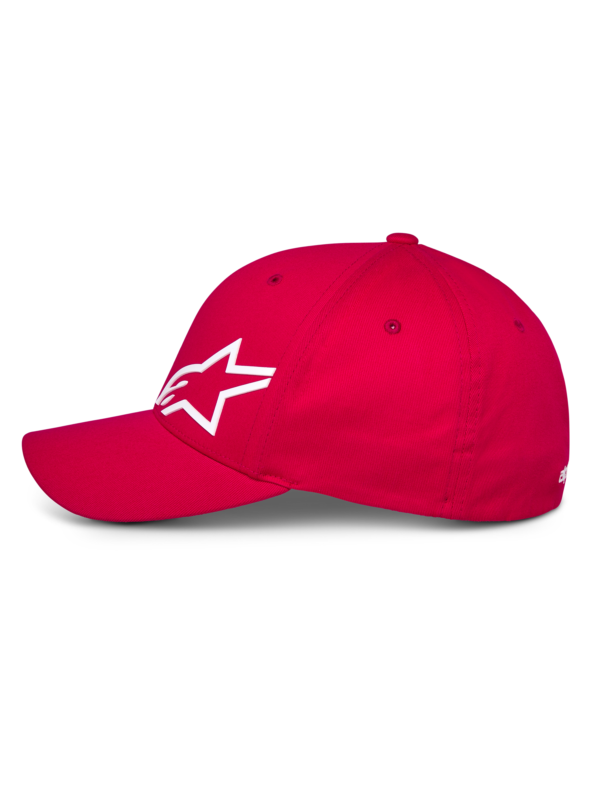 Alpinestars Corp Shift Multi Hat, Red baseball-style cap, side profile view showing white 3D Astars logo, curved bill and structured crown, casual motorsport headwear