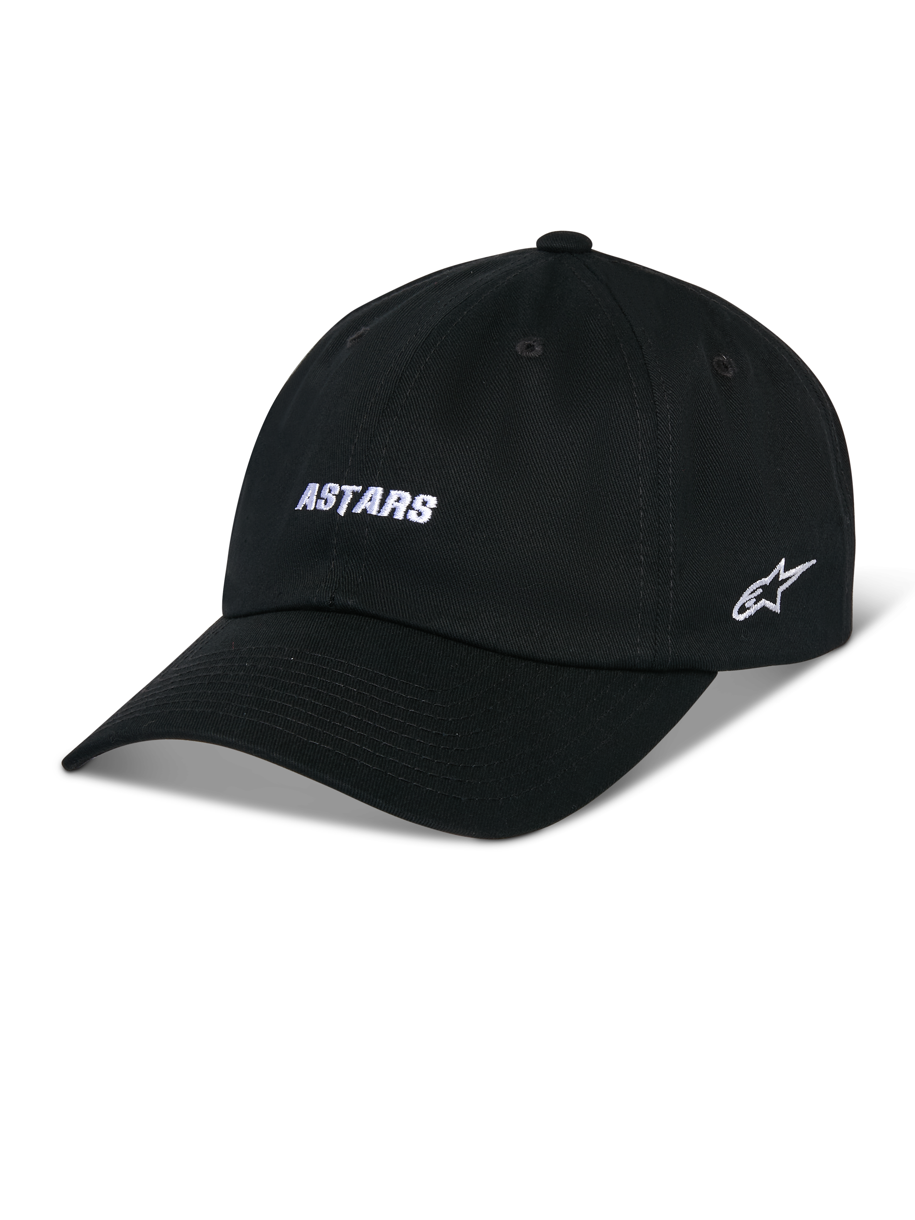Alpinestars Deduce Strapback Kappe, schwarze Baseball-Kappe mit gebogenem Schirm, weiße ASTARS-Stickerei auf der Vorderseite und seitliches Stern-Logo, unstrukturierte niedrige Krone, Baumwoll-Twill-Gewebe