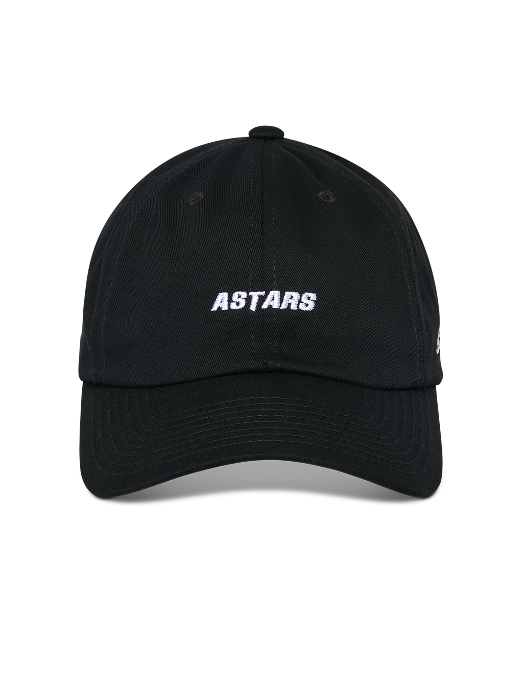 Alpinestars Deduce Strapback Mütze, Schwarz, Vorderansicht mit weißer ASTARS-Stickerei, gebogener Schirm, unstrukturierte niedrige Krone, lässige Motorsport-Kopfbedeckung