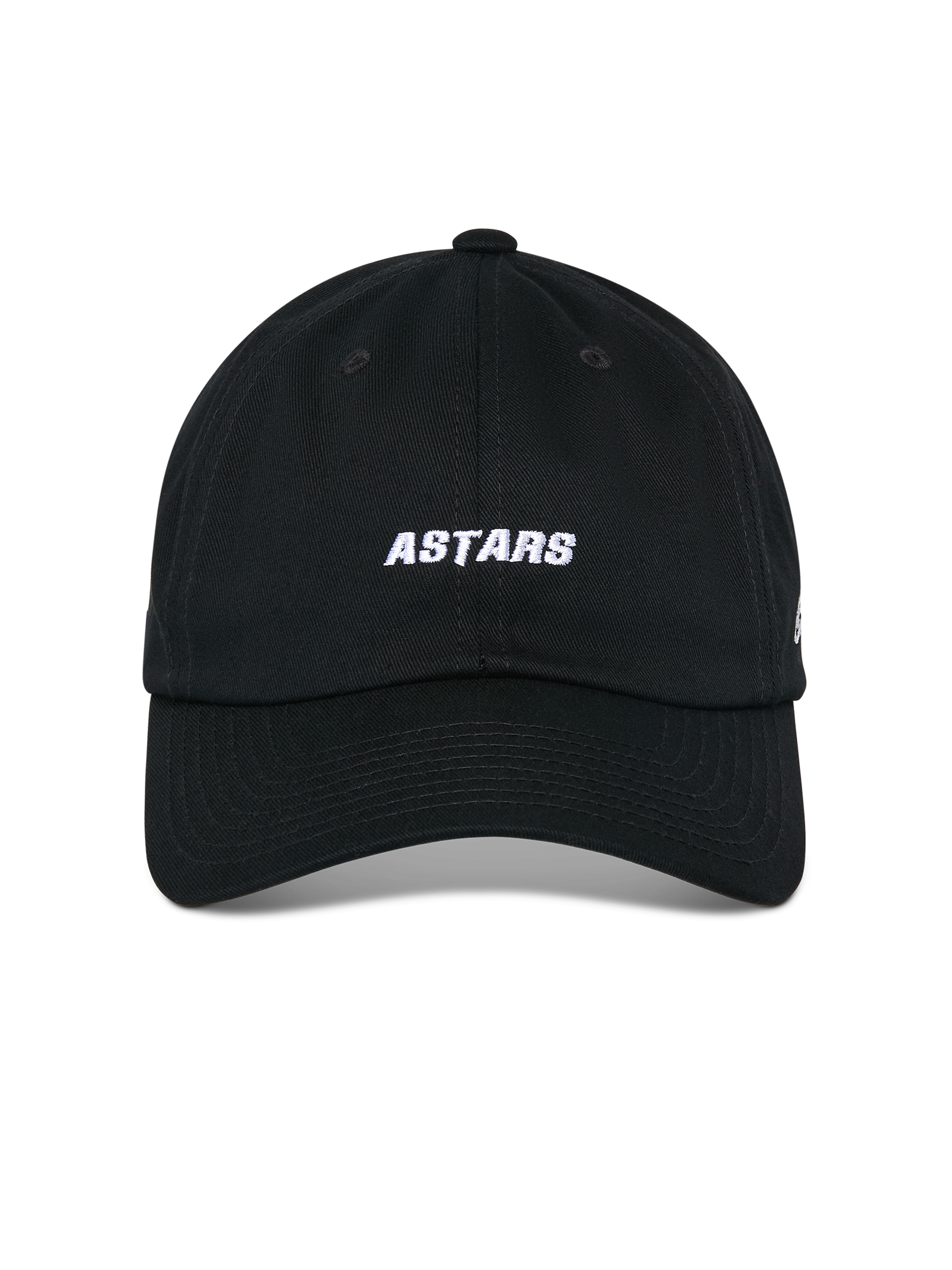 Alpinestars Deduce Strapback Mütze, Schwarz, Vorderansicht mit weißer ASTARS-Stickerei, gebogener Schirm, unstrukturierte niedrige Krone, lässige Motorsport-Kopfbedeckung