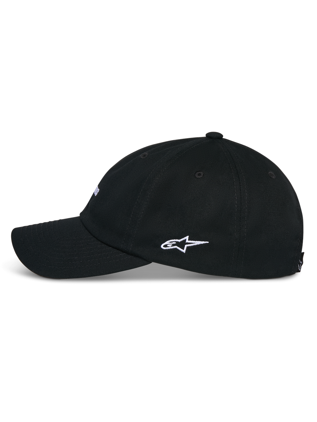 Alpinestars Deduce Strapback Mütze, Schwarz, Seitenansicht mit gebogenem Schirm und weißer Astars Logo-Stickerei an der Seite, lässige Kopfbedeckung aus Baumwoll-Twill