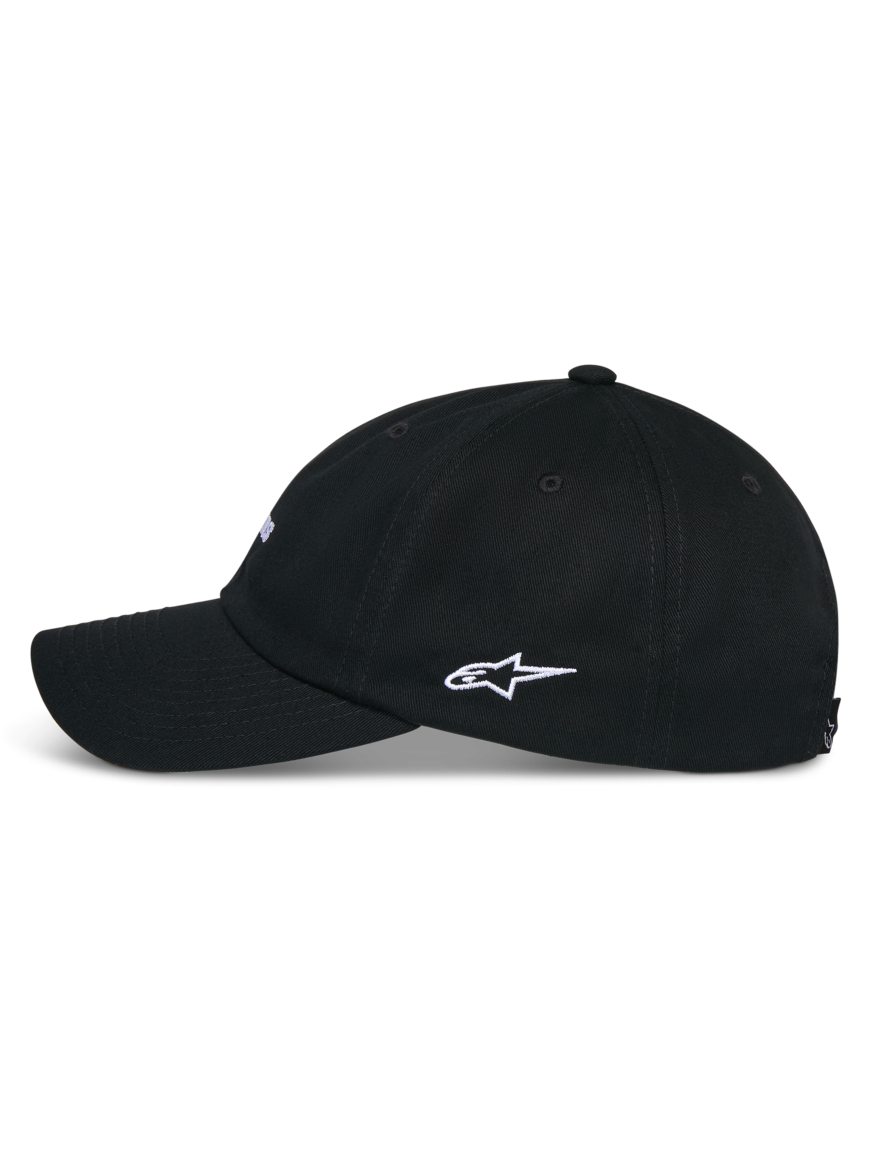 Alpinestars Deduce Strapback Mütze, Schwarz, Seitenansicht mit gebogenem Schirm und weißer Astars Logo-Stickerei an der Seite, lässige Kopfbedeckung aus Baumwoll-Twill