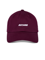 Alpinestars Deduce Strapback Hat, Burgundy, front white ASTARS embroidery, curved bill with unstructured low crown, casual sportswear headwear