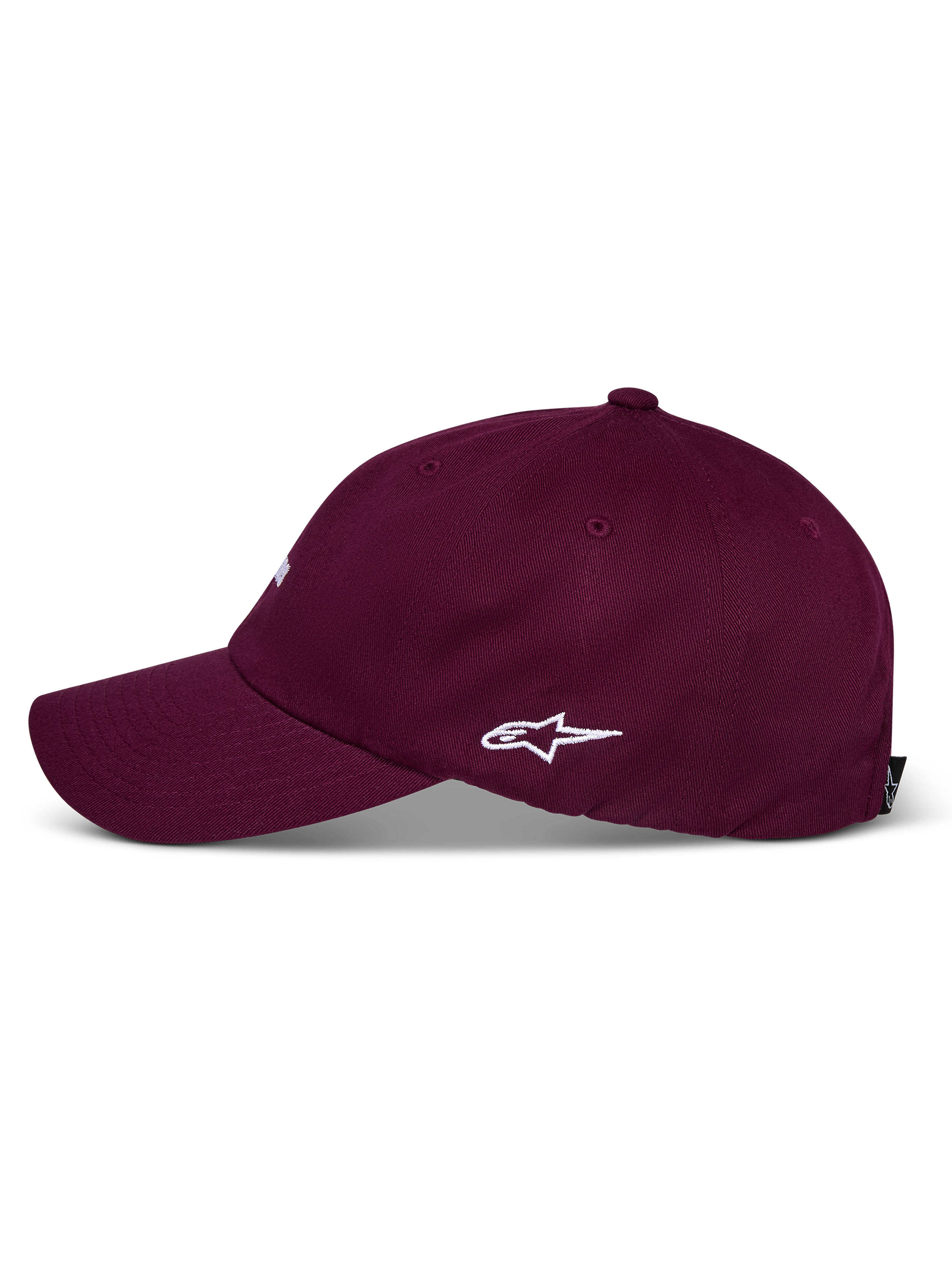 Alpinestars Deduce Strapback Hat, Burgundy, side profile view with white embroidered Astars logo, curved bill, unstructured low crown, casual cotton twill headwear