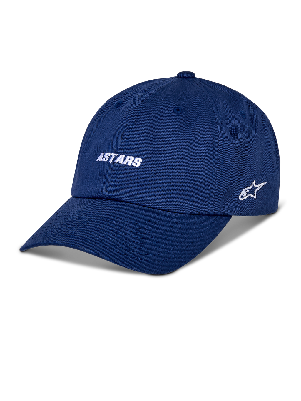 Alpinestars Deduce Strapback Kappe, blaue Baseballkappe, weiß gestickter ASTARS-Schriftzug und seitliches Stern-Logo, gebogener Schirm, lässige Motorsport-Streetwear