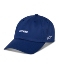 Alpinestars Deduce Strapback Kappe, blaue Baseballkappe, weiß gestickter ASTARS-Schriftzug und seitliches Stern-Logo, gebogener Schirm, lässige Motorsport-Streetwear