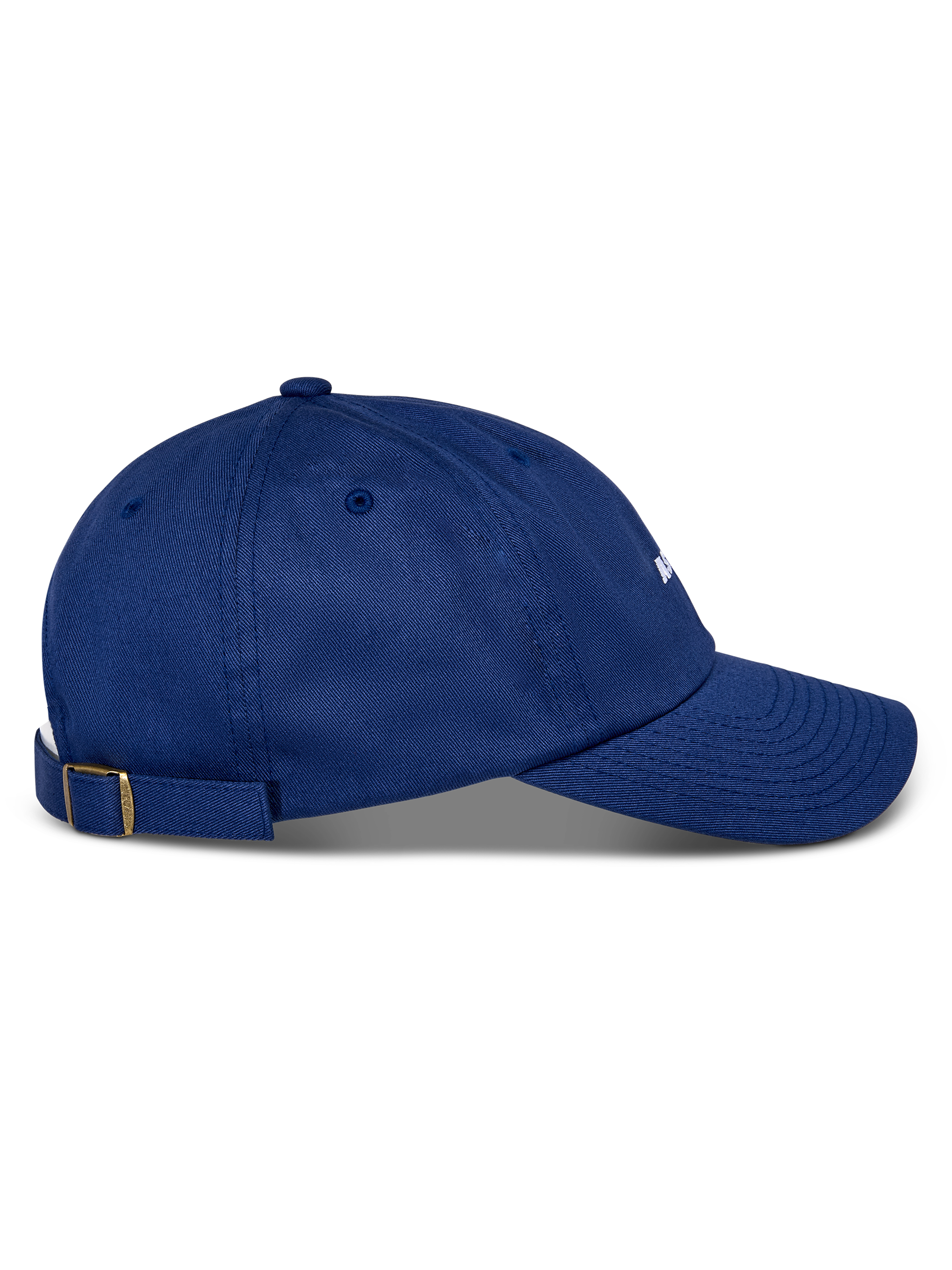 Alpinestars Deduce Strapback Mütze, Blau, Seitenansicht, gebogener Schirm, verstellbarer Riemenverschluss mit Messingschnalle, Baumwolltwill-Konstruktion, lässige Kopfbedeckung mit weißer Stickerei