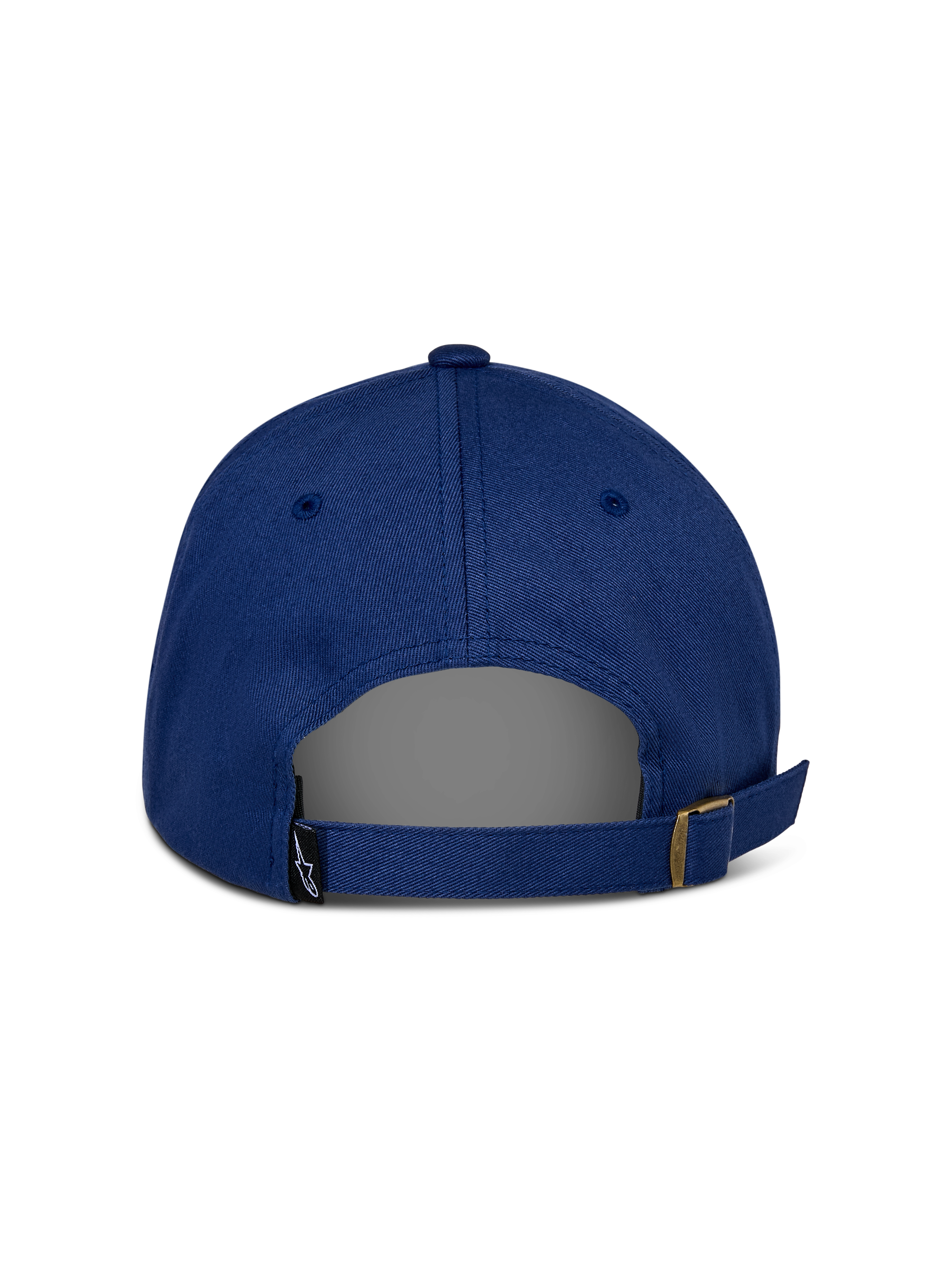 Alpinestars Deduce Strapback Mütze, Blau, Rückansicht mit verstellbarem Riemenverschluss und Metallschnalle, kleines schwarzes Astars-Logo-Etikett, lässige Baumwoll-Twill-Konstruktion