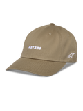 Alpinestars Deduce Strapback Hat, Khaki Baseball-Cap, weiße ASTARS-Stickerei vorne und seitliches Stern-Logo, gebogener Schirm, Baumwoll-Twill, lässige Sportbekleidung