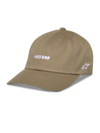 Alpinestars Deduce Strapback Hat, Khaki Baseball-Cap, weiße ASTARS-Stickerei vorne und seitliches Stern-Logo, gebogener Schirm, Baumwoll-Twill, lässige Sportbekleidung