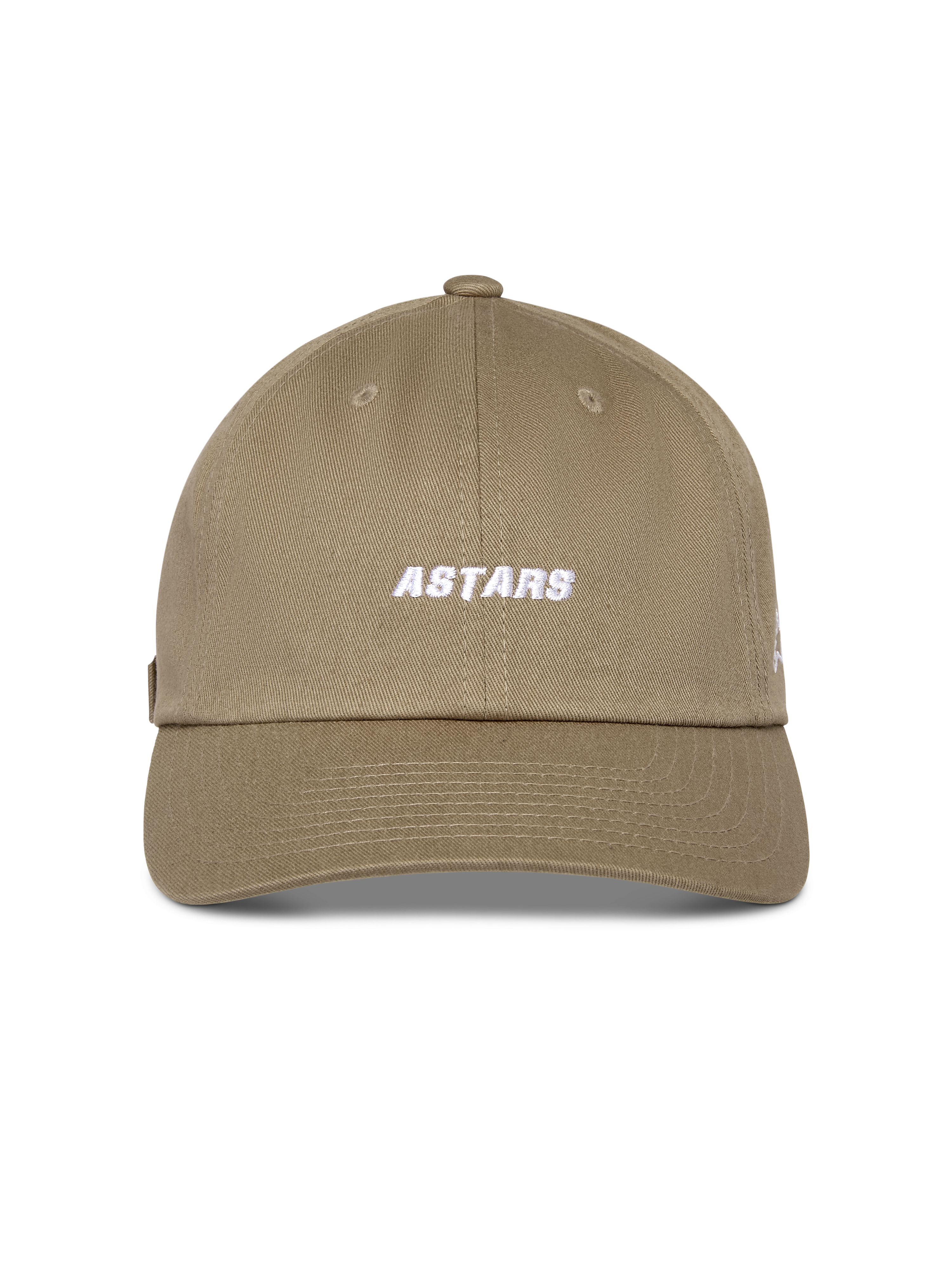 Alpinestars Deduce Strapback Kappe, Khaki, unstrukturierte niedrige Krone mit gebogenem Schirm, weißer gestickter Astars-Schriftzug auf der Vorderseite, Baumwoll-Twill, lässige vom Motorsport inspirierte Kopfbedeckung
