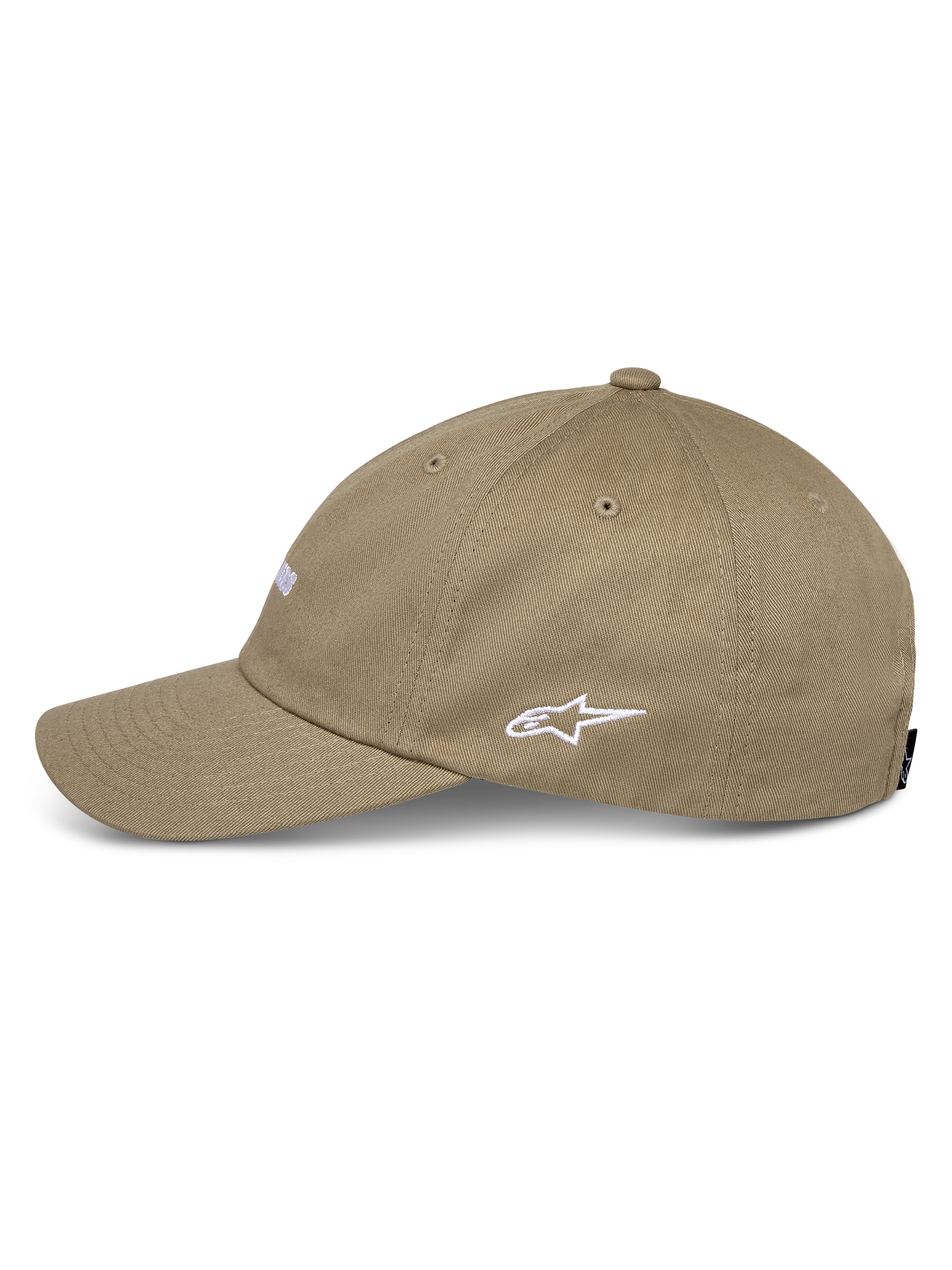 Alpinestars Deduce Strapback Kappe, Khaki, Seitenansicht mit weiß gesticktem Astars-Logo, gebogener Schirm, Baumwoll-Twill-Konstruktion, lässige Motorsport-Streetwear
