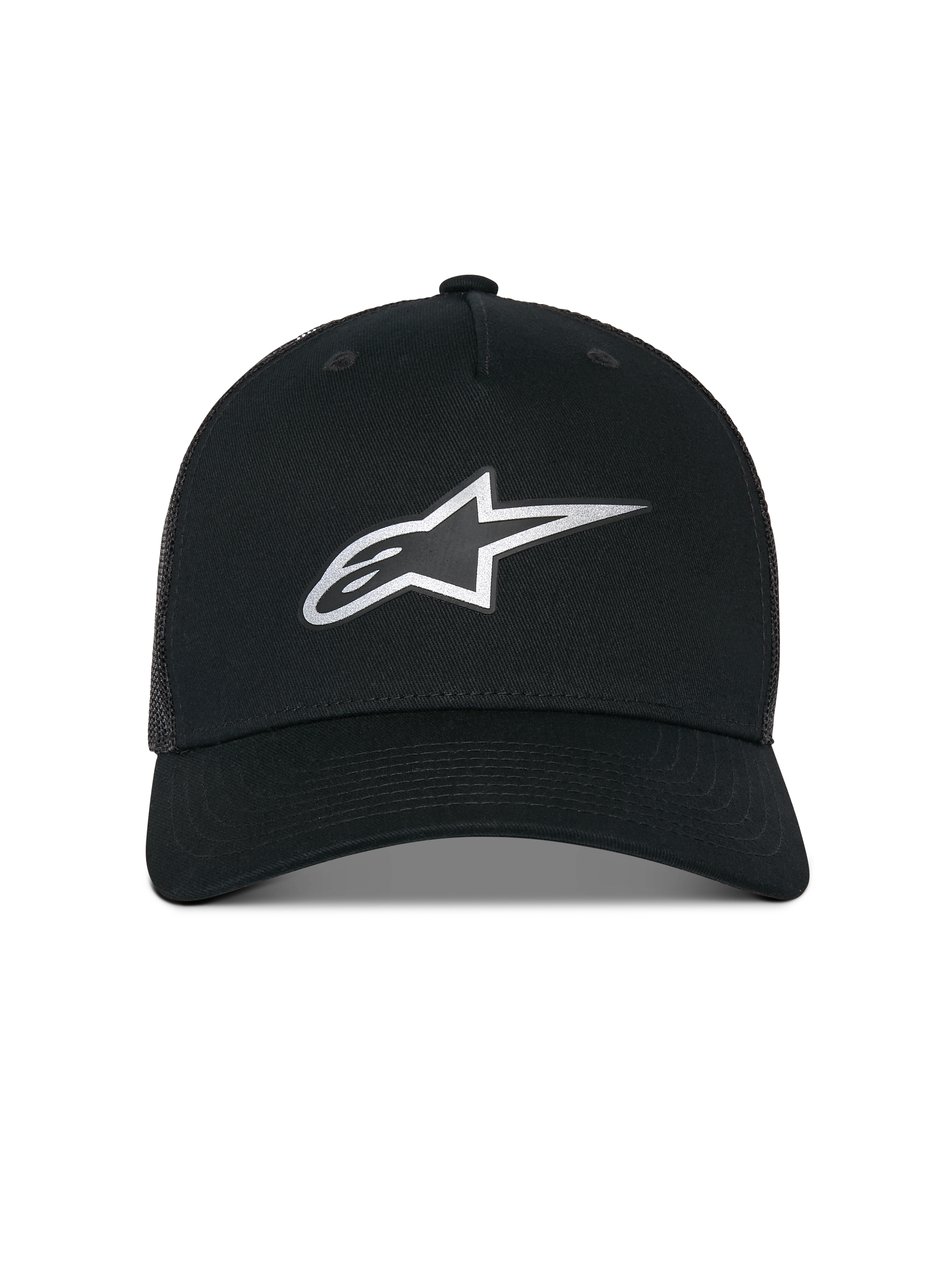Alpinestars Reflect Ageless Trucker Hat, Trucker Hat, Black, featuring a reflective silver Astars logo on the front, structured crown with a curved bill, and a breathable mesh back, casual motorsport-inspired headwear