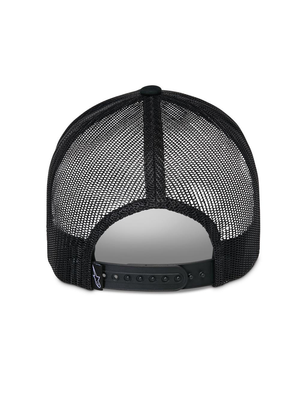 Alpinestars Reflect Ageless Trucker Hat, Black, back view showing breathable poly mesh panels and adjustable snapback closure, features a small woven brand tag, casual motorsport-inspired headwear.
