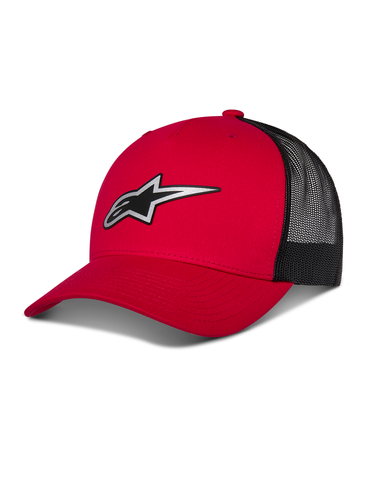 Alpinestars Reflect Ageless Trucker Hat, rote und schwarze Baseballkappe, gebogener Schirm mit reflektierendem Astars-Logo, schwarze Mesh-Rückseite, strukturiertes Design