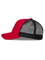 Alpinestars Reflect Ageless Trucker Hat, Red and Black, side profile showing curved bill, structured red crown, and black mesh back, casual motorsport-inspired headwear