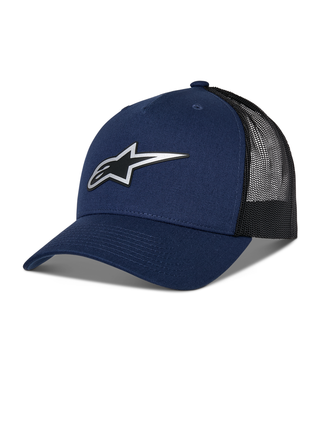 Alpinestars Reflect Ageless Trucker Hat, dunkelblaue und schwarze Trucker-Cap, gebogener Schirm, reflektierendes silbernes Astars-Logo, Mesh-Rücken zur Belüftung, strukturierte Krone, lässiger Motorsport-Stil