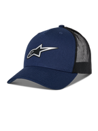 Alpinestars Reflect Ageless Trucker Hat, dunkelblaue und schwarze Trucker-Cap, gebogener Schirm, reflektierendes silbernes Astars-Logo, Mesh-Rücken zur Belüftung, strukturierte Krone, lässiger Motorsport-Stil