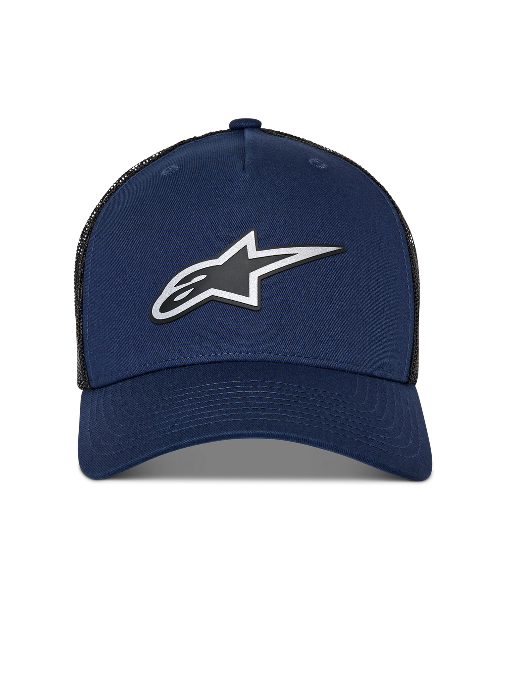 Alpinestars Reflect Ageless Trucker Hat, Marineblau und schwarzes Mesh, reflektierendes HD-Astars-Logo vorne, gebogener Schirm, strukturierte Krone, lässige Motorsport-Kopfbedeckung