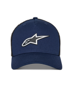 Alpinestars Reflect Ageless Trucker Hat, Marineblau und schwarzes Mesh, reflektierendes HD-Astars-Logo vorne, gebogener Schirm, strukturierte Krone, lässige Motorsport-Kopfbedeckung