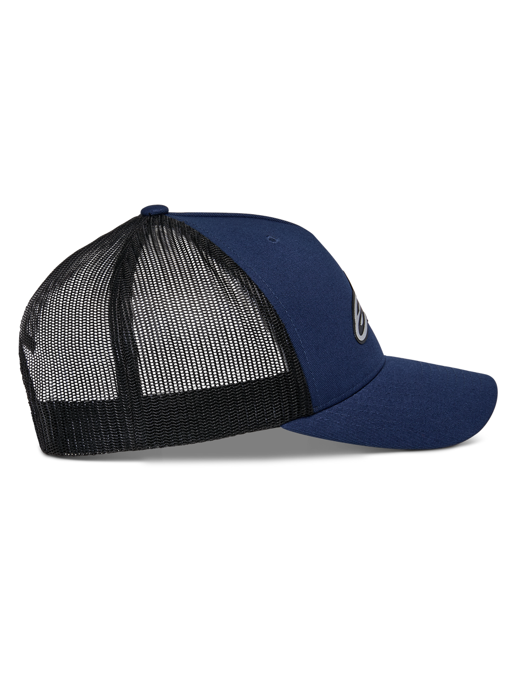 Alpinestars Reflect Ageless Trucker-Mütze, Navy und Schwarz, Seitenansicht mit gebogenem Schirm und atmungsaktiver schwarzer Mesh-Rückseite, strukturierte Krone, lässige Motorsport-Kopfbedeckung