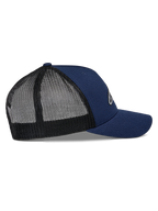 Alpinestars Reflect Ageless Trucker-Mütze, Navy und Schwarz, Seitenansicht mit gebogenem Schirm und atmungsaktiver schwarzer Mesh-Rückseite, strukturierte Krone, lässige Motorsport-Kopfbedeckung