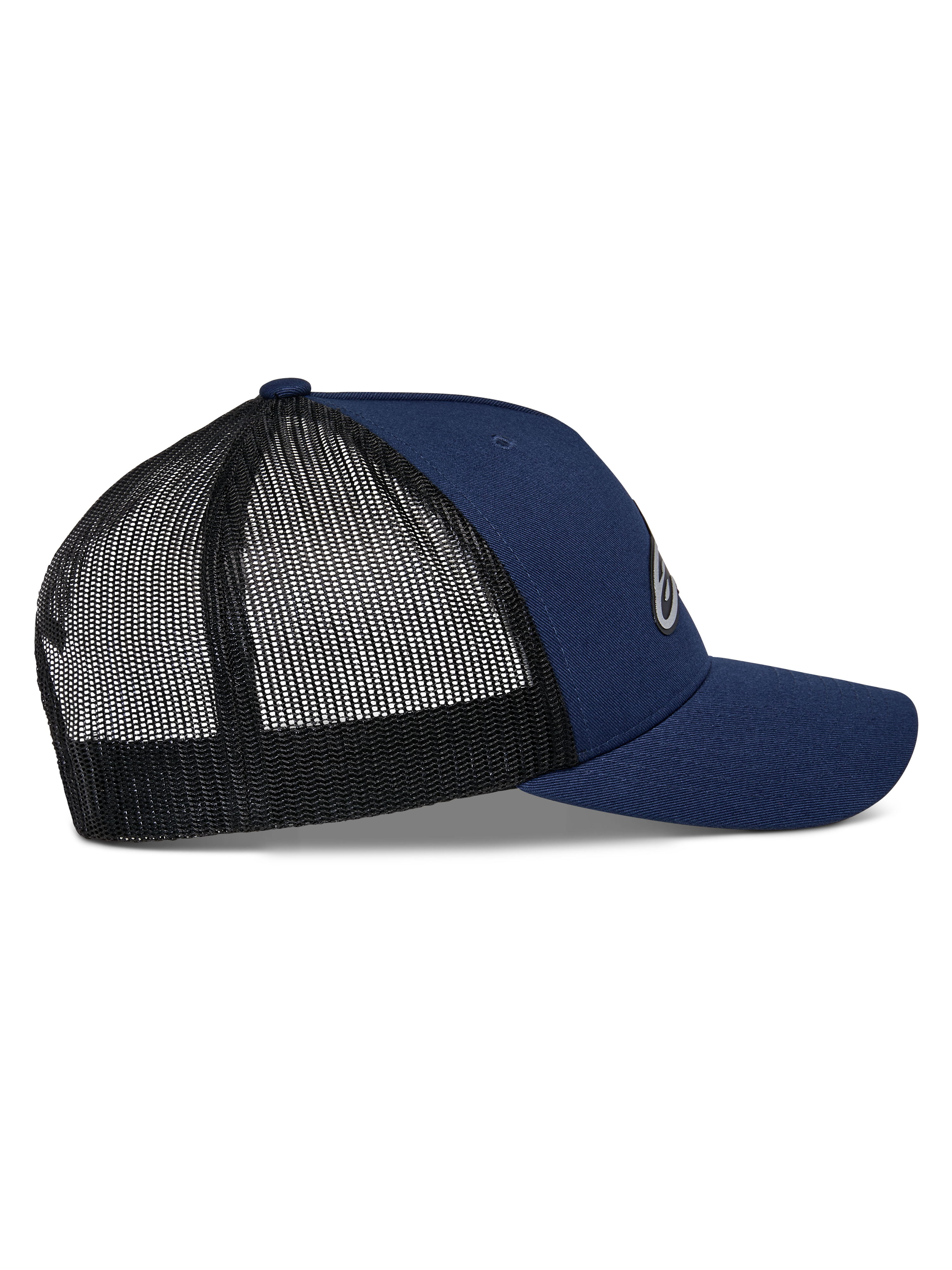 Alpinestars Reflect Ageless Trucker-Mütze, Navy und Schwarz, Seitenansicht mit gebogenem Schirm und atmungsaktiver schwarzer Mesh-Rückseite, strukturierte Krone, lässige Motorsport-Kopfbedeckung