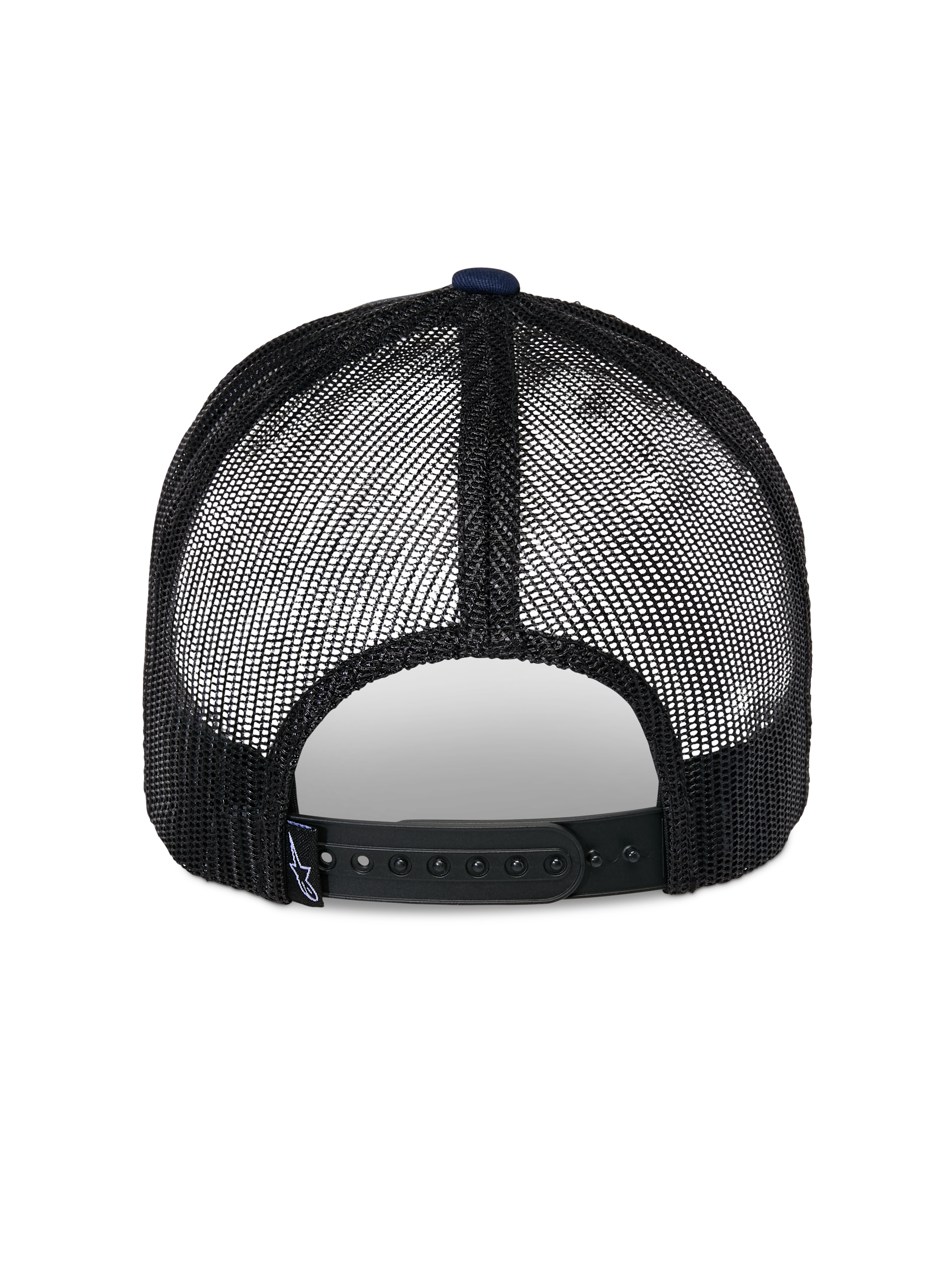 Alpinestars Reflect Ageless Trucker-Mütze, Rückansicht, Navy und Schwarz, atmungsaktive schwarze Mesh-Einsätze, verstellbarer Snapback-Verschluss, lässige Motorsport-Kopfbedeckung