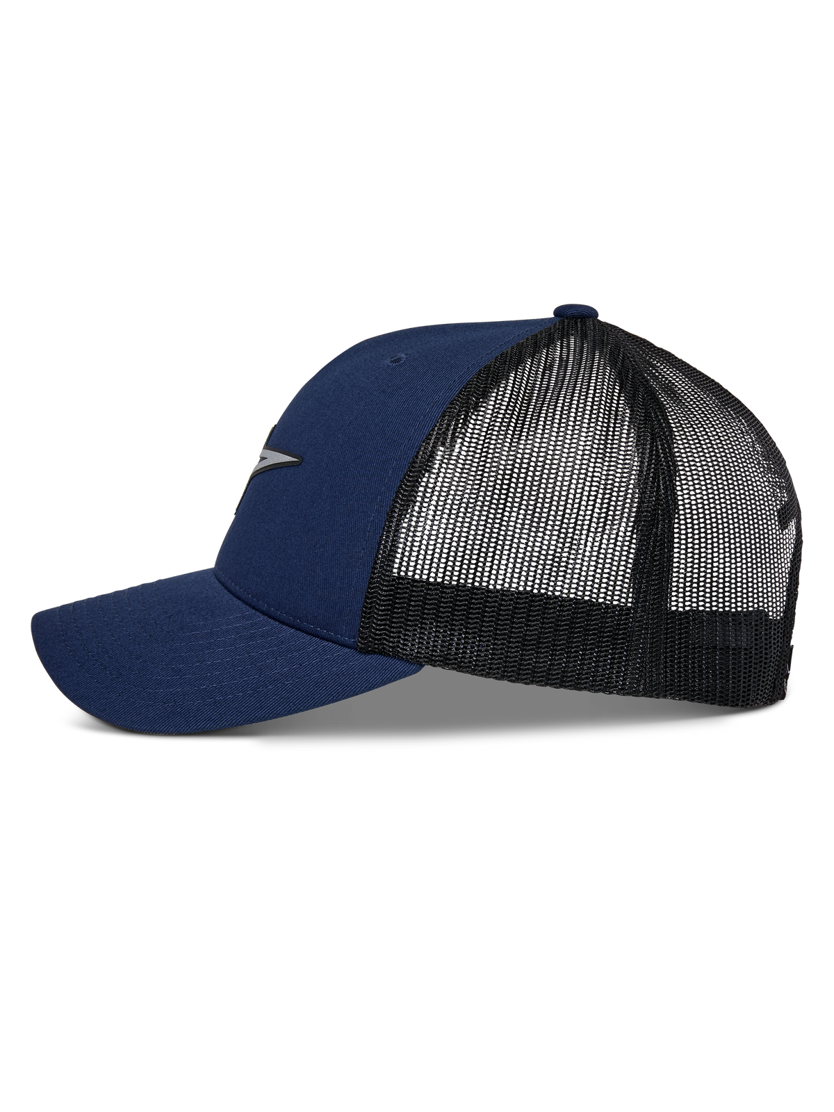 Alpinestars Reflect Ageless Trucker-Mütze, Marineblau und Schwarz, Seitenansicht mit gebogenem Schirm und Mesh-Rückseite, reflektierendes Astars-Logo vorne, lässige Motorsport-Kopfbedeckung