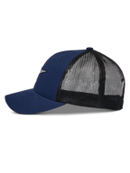 Alpinestars Reflect Ageless Trucker-Mütze, Marineblau und Schwarz, Seitenansicht mit gebogenem Schirm und Mesh-Rückseite, reflektierendes Astars-Logo vorne, lässige Motorsport-Kopfbedeckung