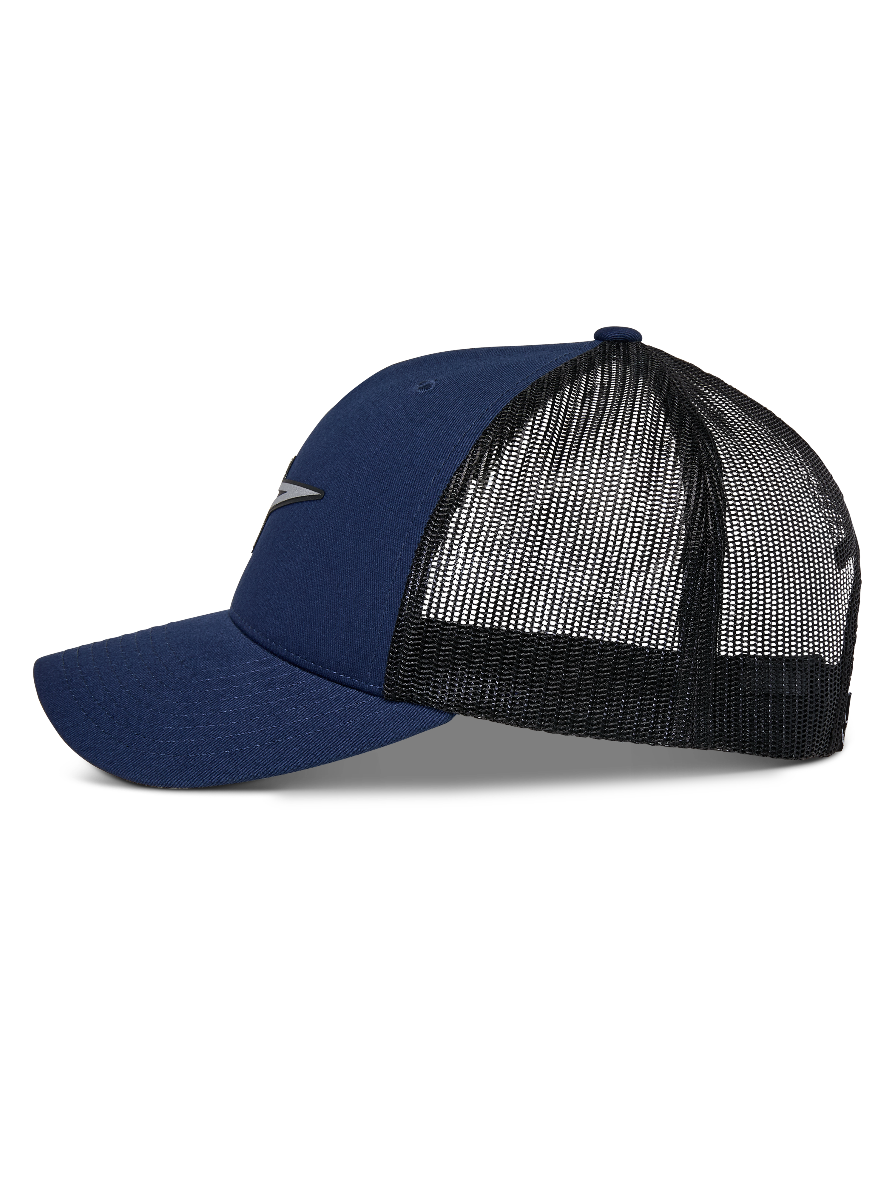 Alpinestars Reflect Ageless Trucker-Mütze, Marineblau und Schwarz, Seitenansicht mit gebogenem Schirm und Mesh-Rückseite, reflektierendes Astars-Logo vorne, lässige Motorsport-Kopfbedeckung