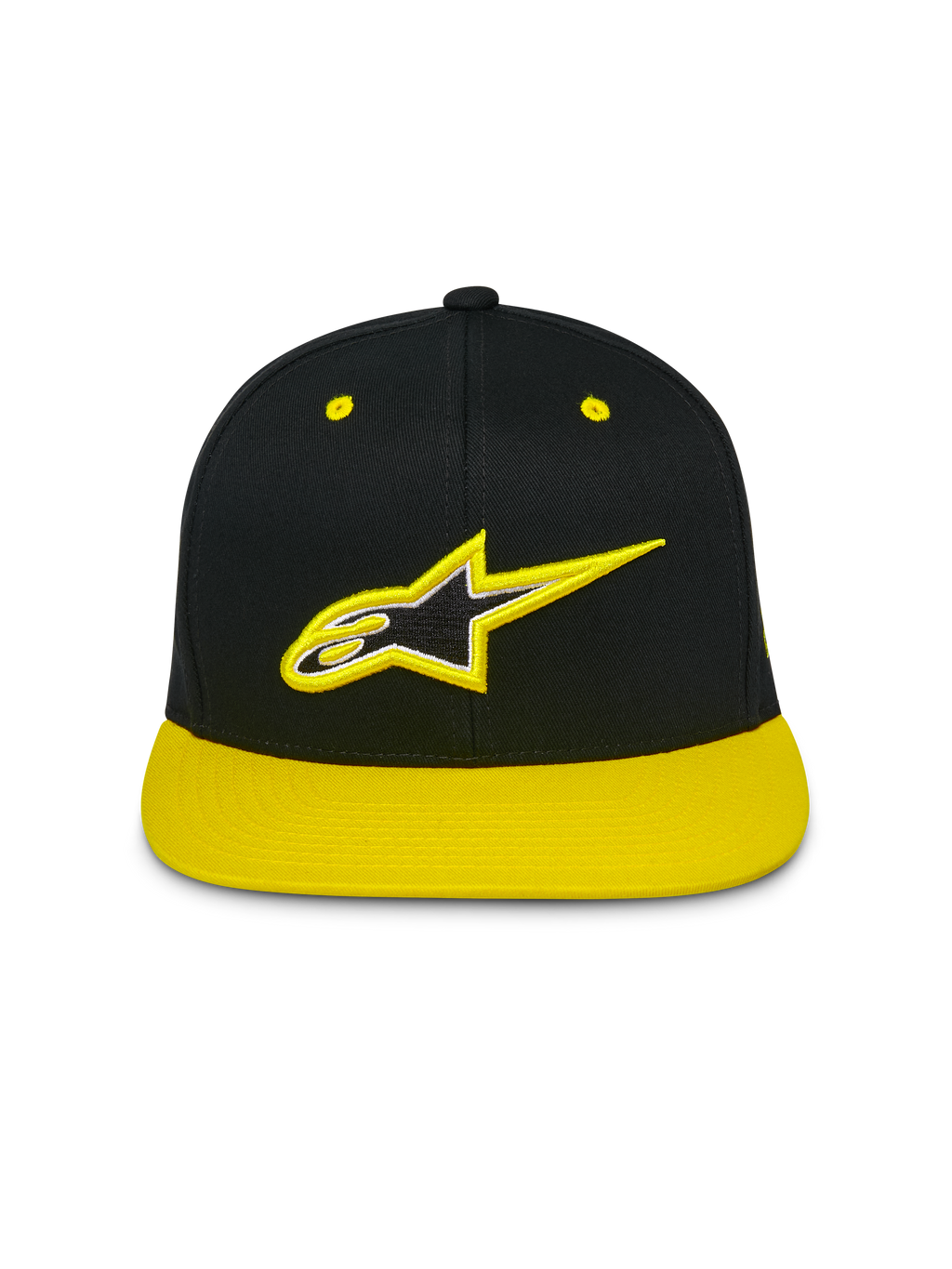 Alpinestars Thickness Snapback Hat, flat bill structured crown cap, Black with high-visibility yellow brim and eyelets, front 3D embroidered Astars logo, casual motorsport streetwear