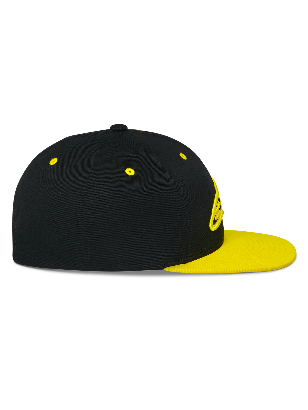 Alpinestars Thickness Snapback Hat, side profile view, Black crown with Hi-Vis Yellow flat bill and eyelets, 3D embroidered logo on front, casual motorsport-inspired headwear