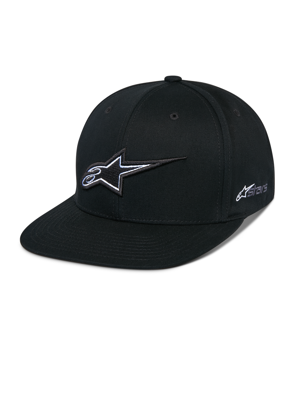 Alpinestars Thickness Snapback Hat, schwarze Baseball-Kappe mit flachem Schirm, weiß-graues 3D-gesticktes Stern-Logo, seitliches Astars-Logo, strukturiertes Design mit Belüftungslöchern, lässige Motorsport-Kopfbedeckung