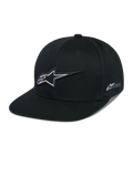 Alpinestars Thickness Snapback Hat, schwarze Baseball-Kappe mit flachem Schirm, weiß-graues 3D-gesticktes Stern-Logo, seitliches Astars-Logo, strukturiertes Design mit Belüftungslöchern, lässige Motorsport-Kopfbedeckung