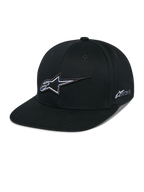 Alpinestars Thickness Snapback Hat, schwarze Baseball-Kappe mit flachem Schirm, weiß-graues 3D-gesticktes Stern-Logo, seitliches Astars-Logo, strukturiertes Design mit Belüftungslöchern, lässige Motorsport-Kopfbedeckung