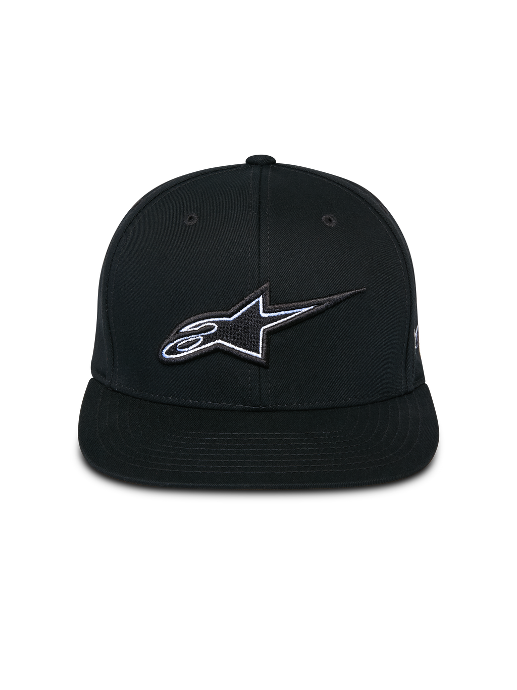 Alpinestars Thickness Snapback Mütze, Schwarz, Vorderansicht mit strukturierter Krone und flachem Schirm, 3D-gesticktes Astars-Logo mit weißen und hellblauen Details, lässige, vom Motorsport inspirierte Streetwear
