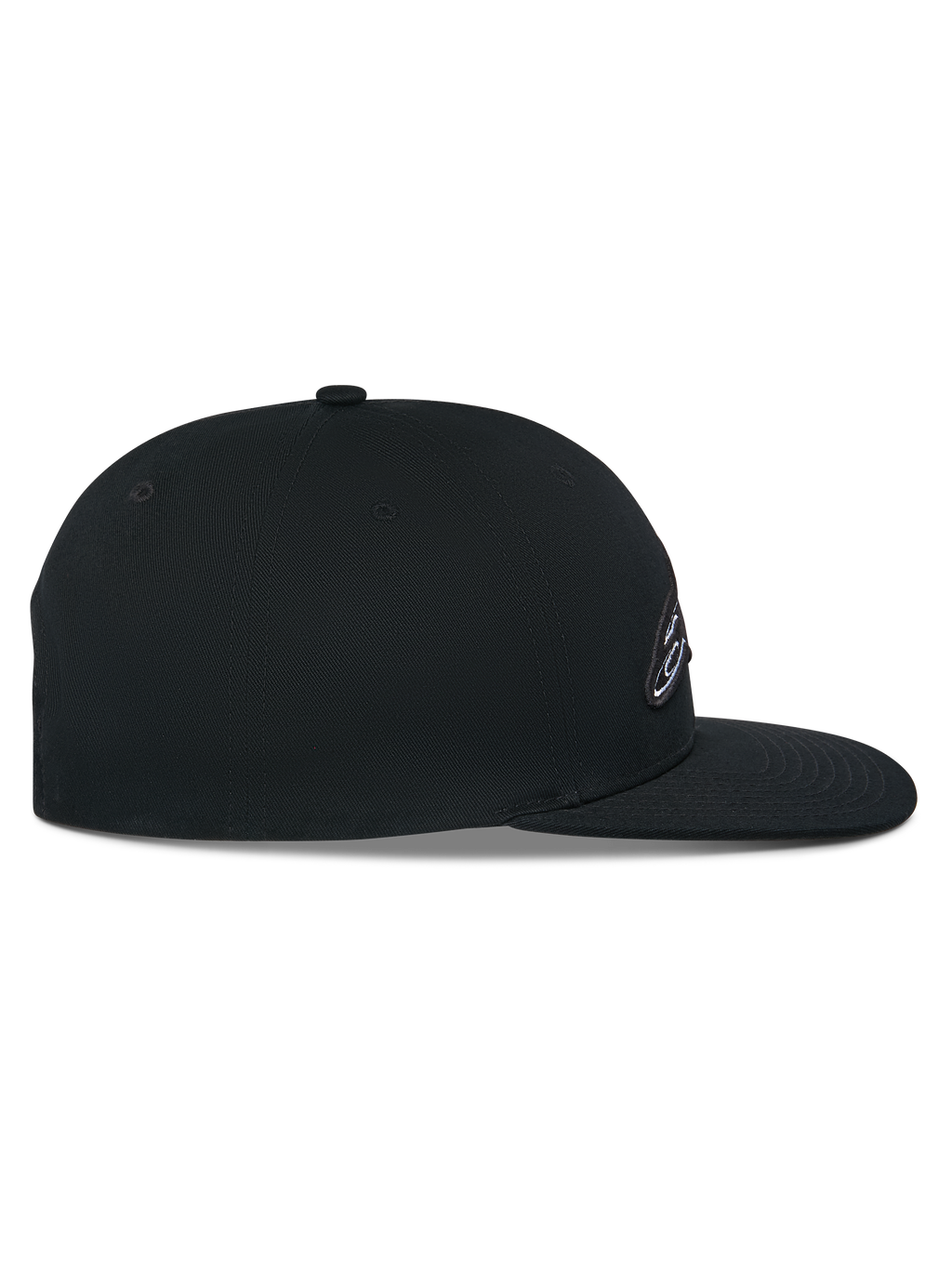 Alpinestars Thickness Snapback Hat, Schwarz, Seitenansicht, strukturierte Krone mit flachem Schirm, Baumwoll-Twill, 3D-Stickerei-Logo, lässige Motorsport-Kopfbedeckung