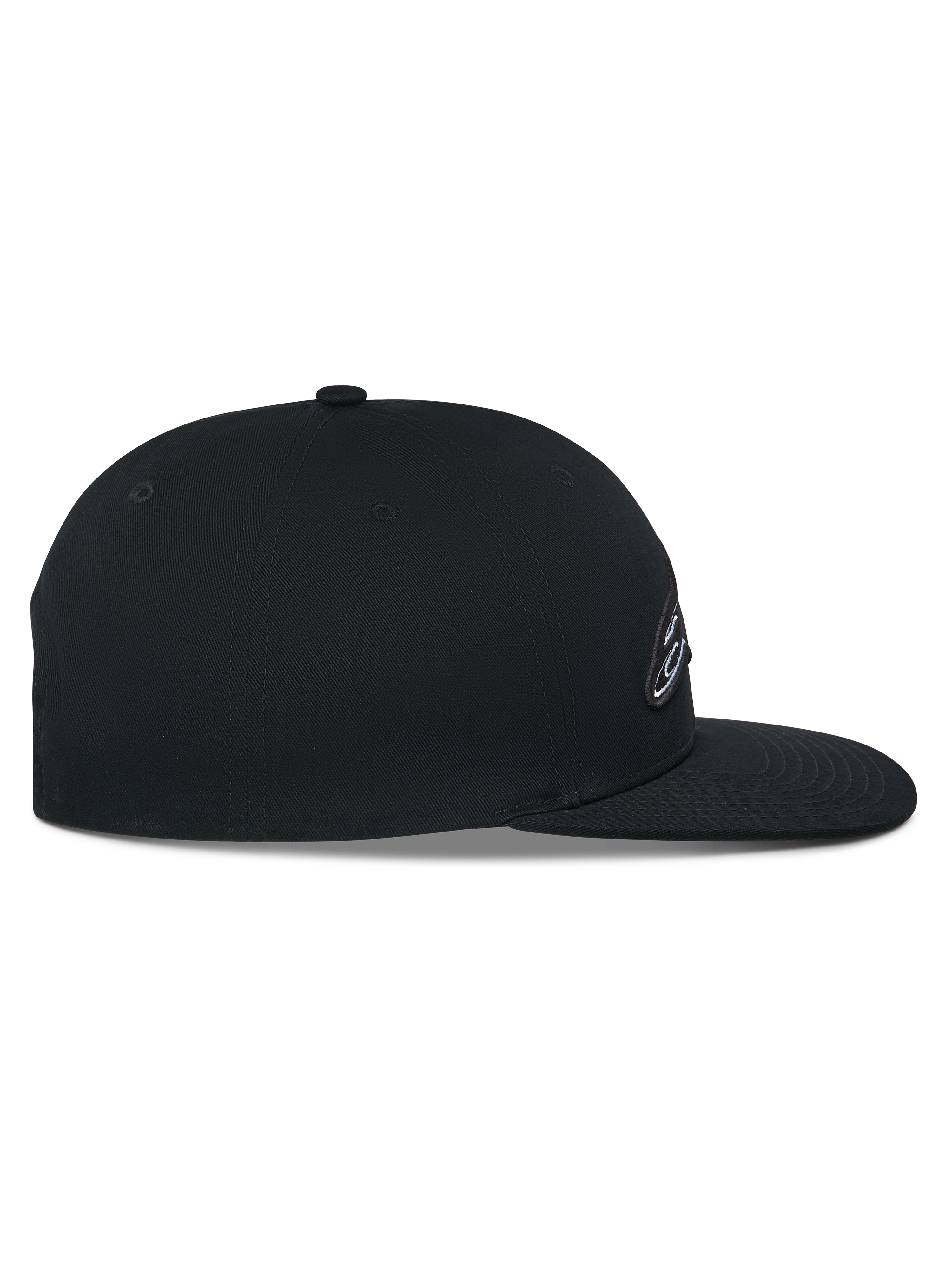 Alpinestars Thickness Snapback Hat, Schwarz, Seitenansicht, strukturierte Krone mit flachem Schirm, Baumwoll-Twill, 3D-Stickerei-Logo, lässige Motorsport-Kopfbedeckung