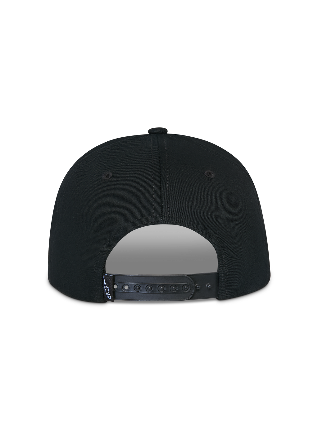 Alpinestars Thickness Snapback Kappe, Schwarz, Rückansicht mit verstellbarem Snapback-Verschluss, schwarzer Kunststoffriemen mit kleinem weißem Astars-Logo-Etikett, strukturierte Krone aus Baumwolltwill, lässige Sportbekleidung