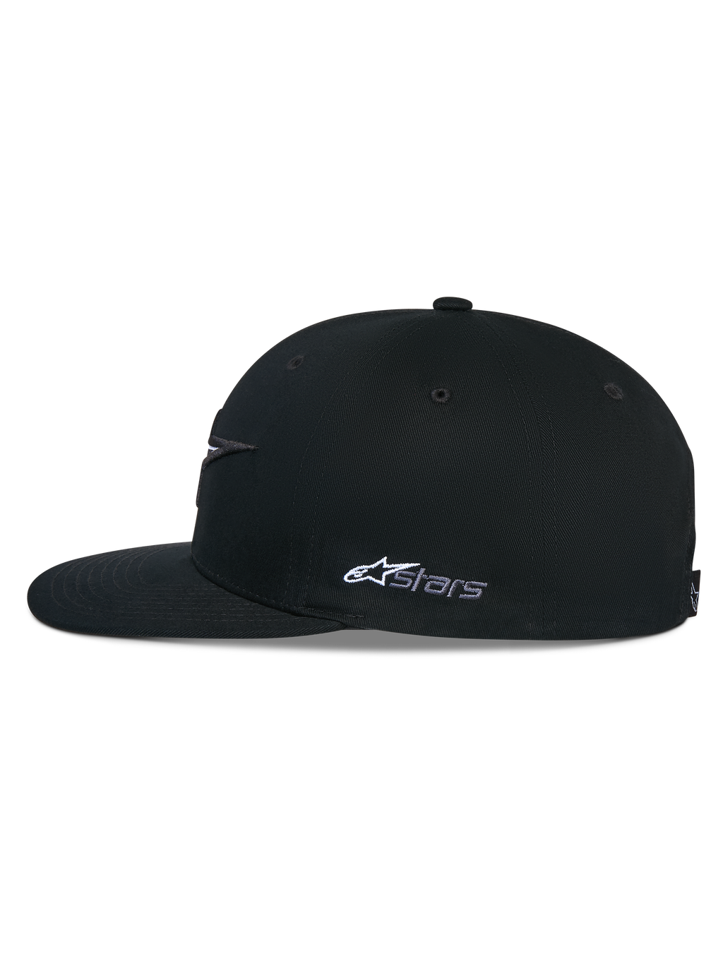 Alpinestars Thickness Snapback Mütze, Schwarz, Seitenansicht mit strukturierter Krone und flachem Schirm, weiße Astars-Logo-Stickerei an der Seite, lässige, vom Motorsport inspirierte Kopfbedeckung